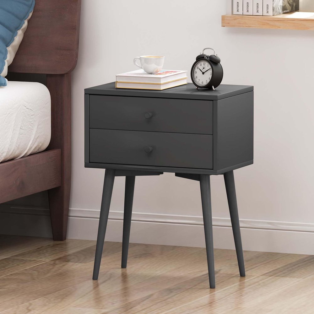 Mid Century Modern Nightstand with Drawers,Accent Side Table with Solid Wood Legs,Wood Night Stand for Living Room, Office,Bedroom (Dark Grey 1)