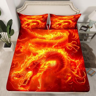 Abstract Dragon Fitted Sheets Set Twin Size 2 Pcs 3D Cool Wild Animal Decor Bedding Set for Kids Teens Adults Eastern Style Orange Red Dragon Print Bed Cover with 1 Pillowcase