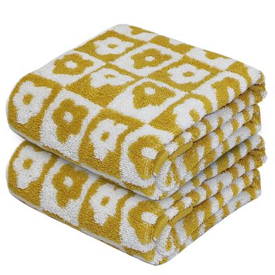 Hand Towels for Bathroom Decorative Checkered Yellow Set of 2 Hand Towels for Kitchen 100% Cotton Soft Absorbent Bath Towels