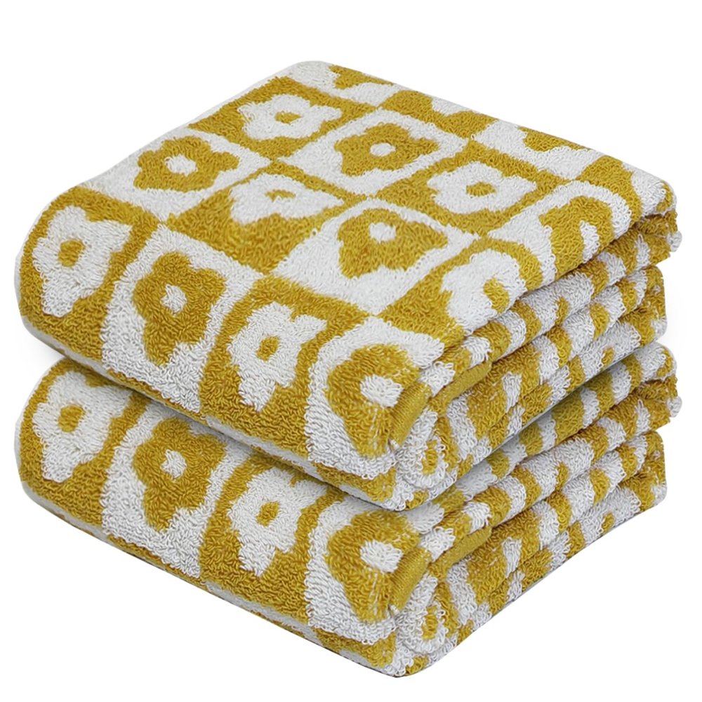 Hand Towels for Bathroom Decorative Checkered Yellow Set of 2 Hand Towels for Kitchen 100% Cotton Soft Absorbent Bath Towels