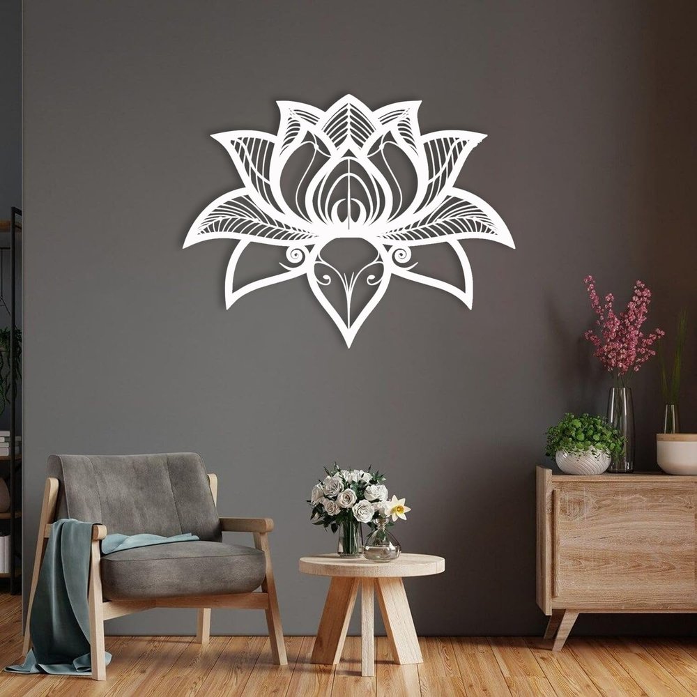 Idadey Mandala Metal Wall Art, Lotus Wall Art, Mandala Wall Decor, Lotus Flower Meditation Room Decor, Yoga Room Wall Decor, Housewarming Gift (White, 24"x18" | 60x46cm)