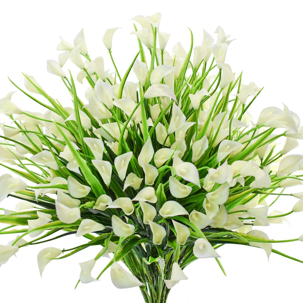 Bacucine 24 Bundles Artificial Calla Lily Artificial Flowers for Outdoors UV Resistant Plastic Flowers for Porch Garden Window Box Table Decor (White)