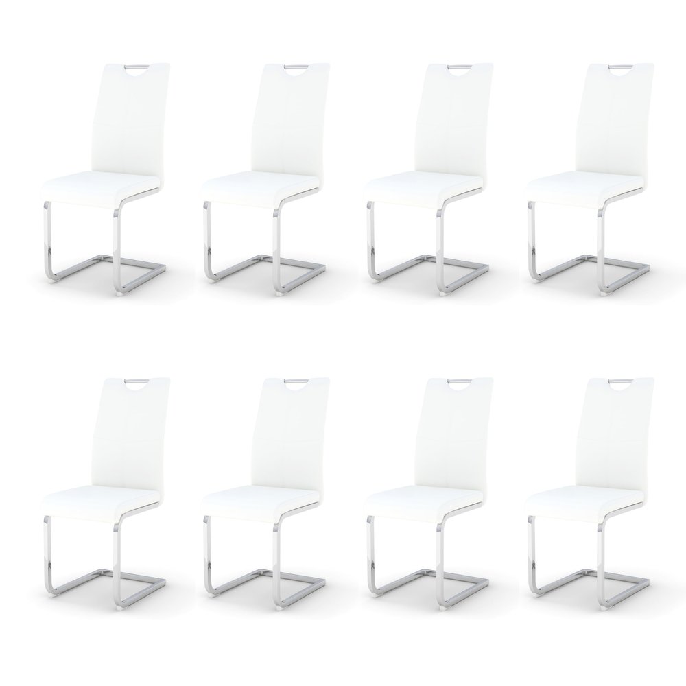 KATBOC Modern Dining Chairs Set of 8 PU Faux Leather High Back Upholstered Chairs with Silver Metal Legs for Kitchen Dining Room, White