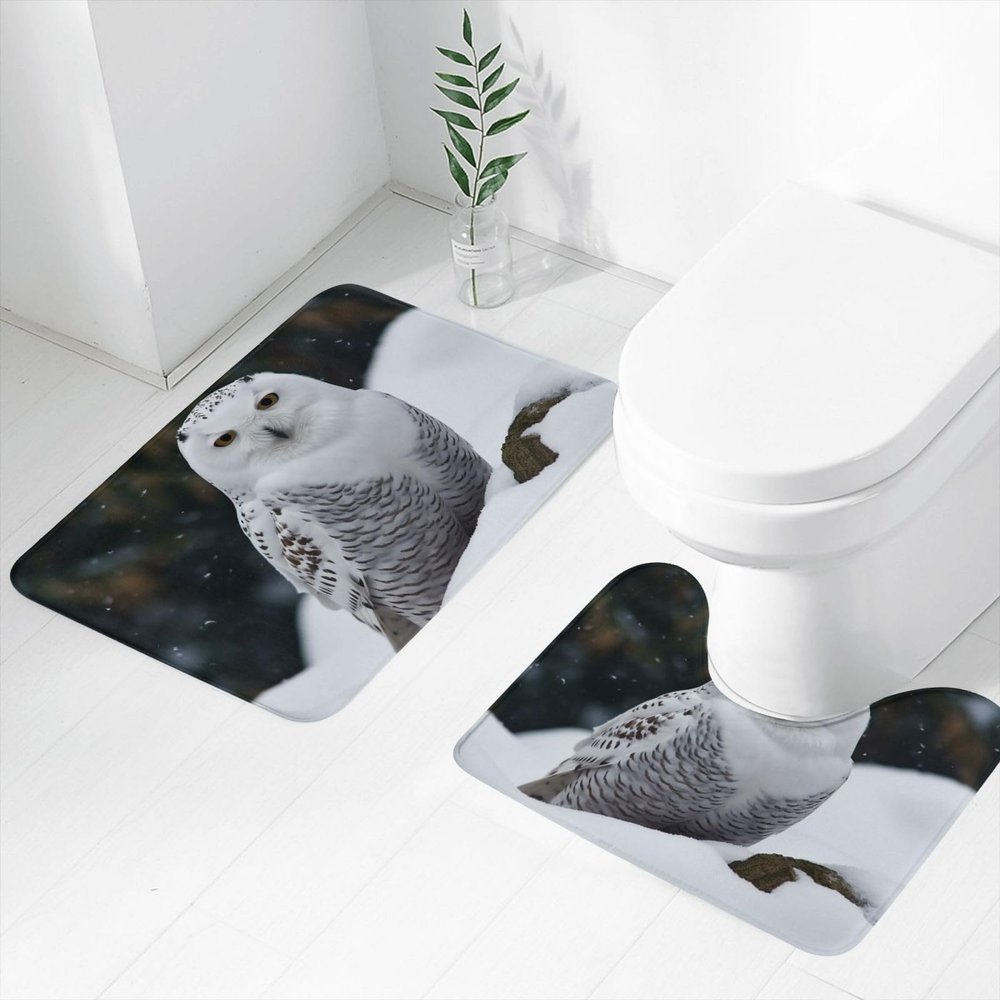 Bathroom Rugs Sets 2 Piece Soft Absorbent Bath Mat for Bathroom Snow Owl Bath Rugs and U-Shaped Contour Toilet Rug Non-Slip Bath Carpet for Bathtub Floor Mat