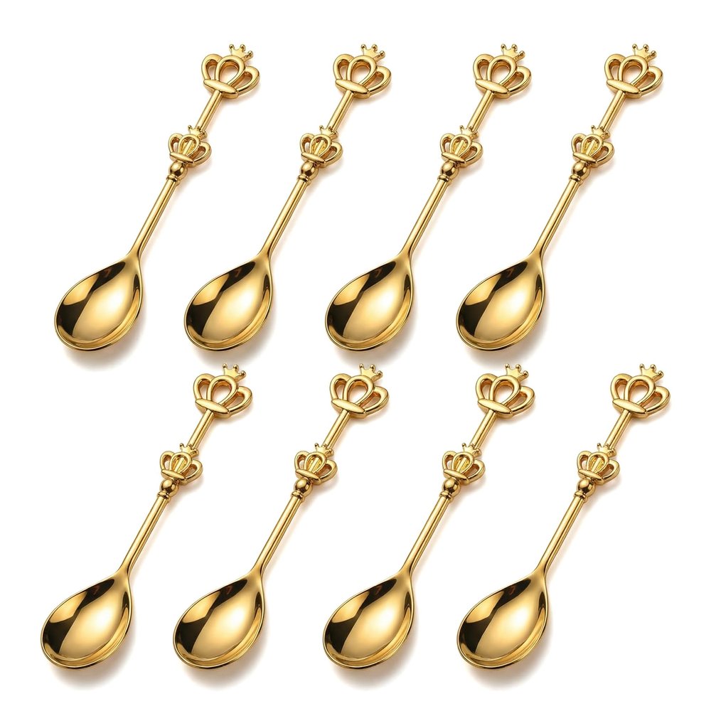 8 Pieces Golden Teaspoon Mini Gold Spoon with Crown Stainless Steel Coffee Cake Decorated Tea Spoons for Afternoon Tea Crown Spoon Party Favors