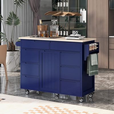 YOPTO Multipurpose Kitchen Island Cart with 8 Handle-Free Drawers Including a Flatware Organizer&Inner Storage Cabinet,Mobile Dining Cart W/Wood Countertop&5 Wheels for Kitchen Dinning Room,Dark Blue