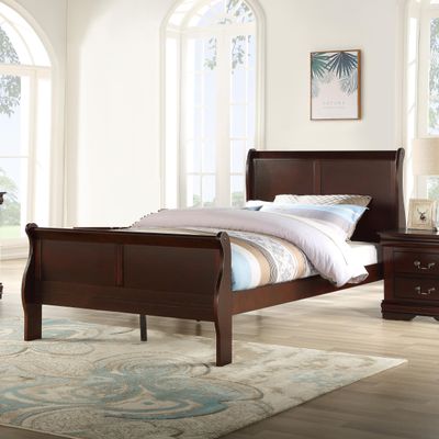HomeLoft Basics Louis Phillipe Brown Cherry Finish Twin Size Youth Panel Sleigh Bed Solid Wood Wooden Bedroom Furniture