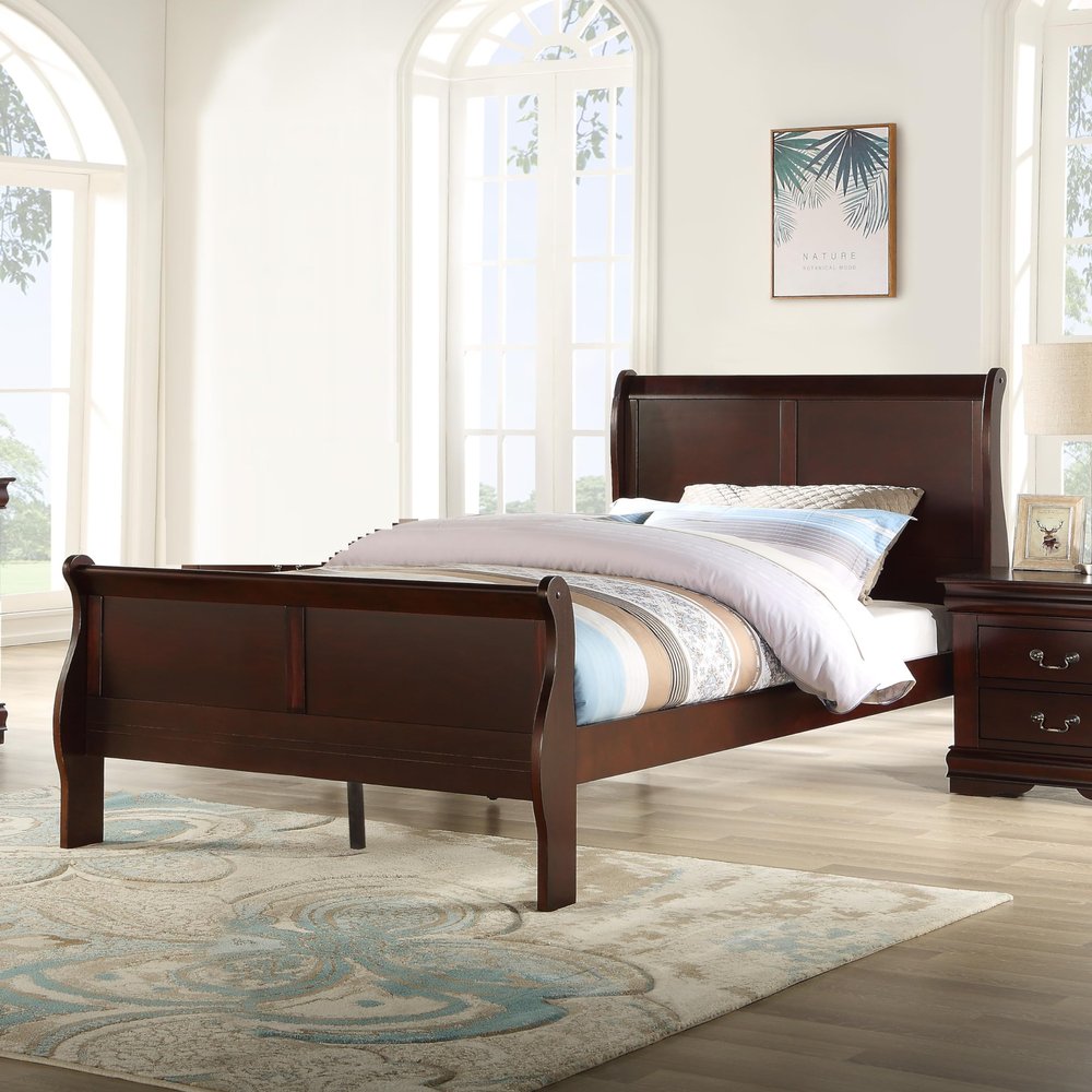 HomeLoft Basics Louis Phillipe Brown Cherry Finish Twin Size Youth Panel Sleigh Bed Solid Wood Wooden Bedroom Furniture