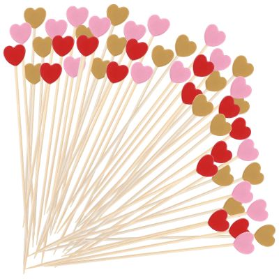 Amabro 100PCS Heart Fancy Bamboo Cocktail Picks, 4.7 inch Food Toothpick for Appetizers Charcuterie Cute Heart Shaped Skewer Sticks Decorative Cupcakes Fruit Plate Weddings Birthday Party()