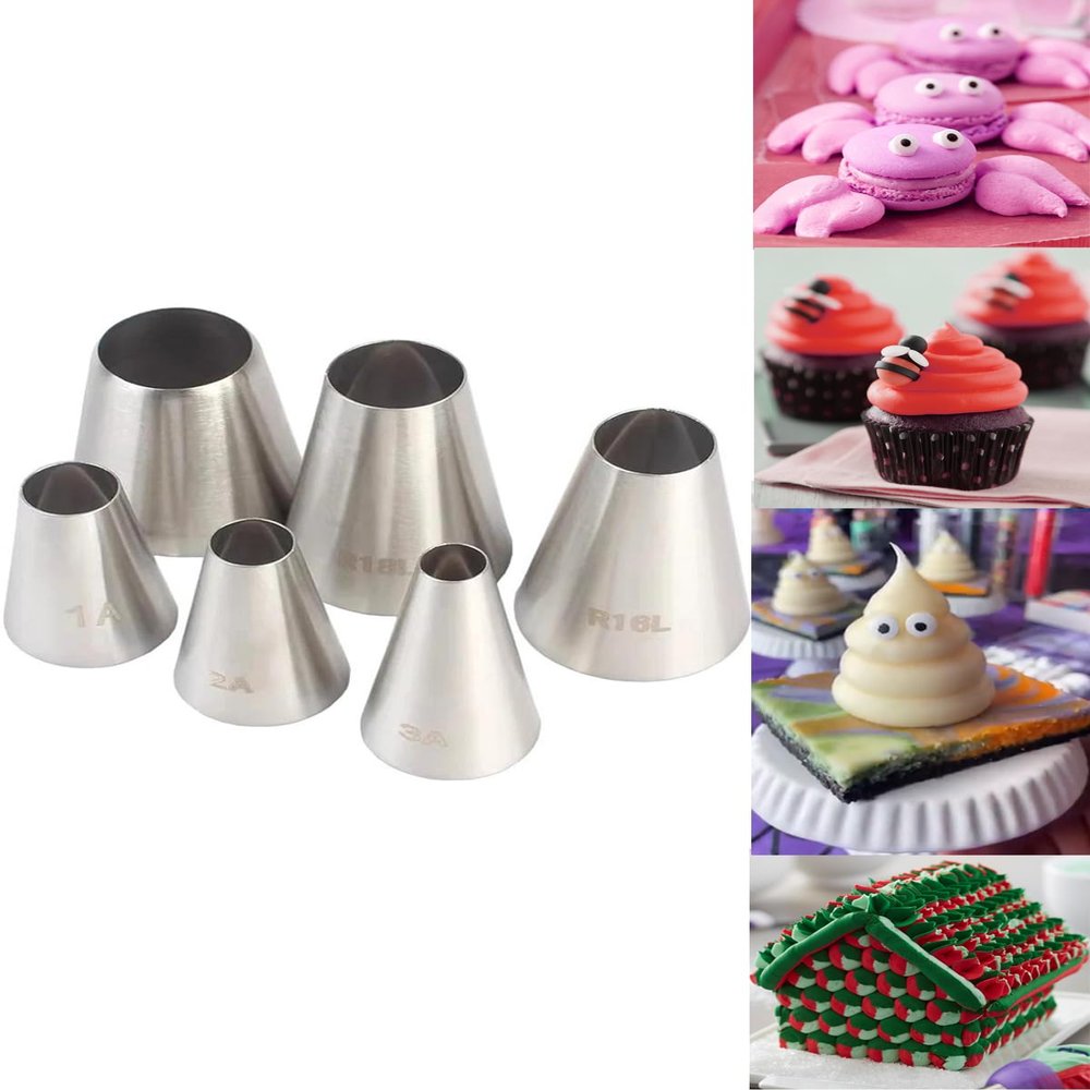 6 Pcs Large Round Piping Tips Set,1A 2A 3A R16L R18L R22L Plain Pastry Tube-Perfect for Macarons, Cake,Cupcake & Cookie Decorating