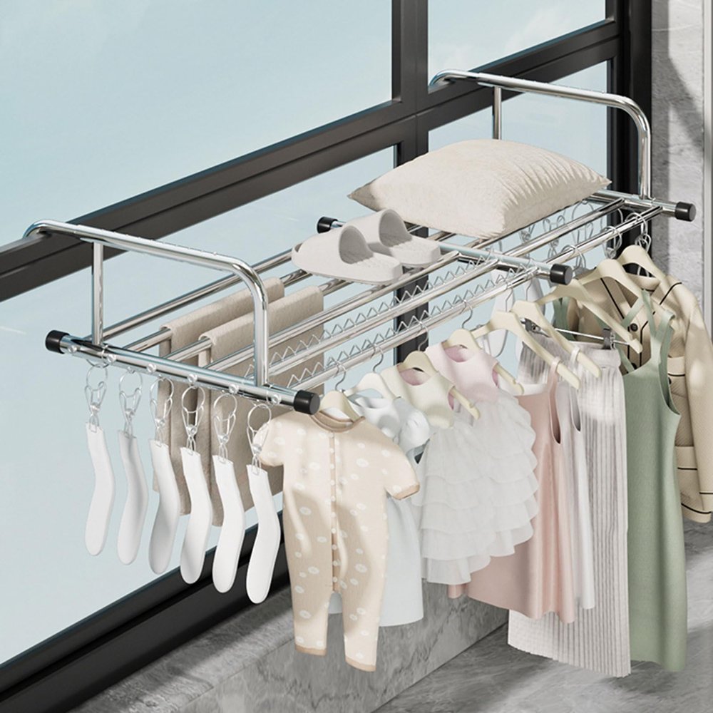 YDkjwjw Folding Clothes Drying Rack with Sock Clips Stainless Steel Telescopic Towel Rack Portable Radiator Airer Laundry Rack for Balcony Railings Windowsill