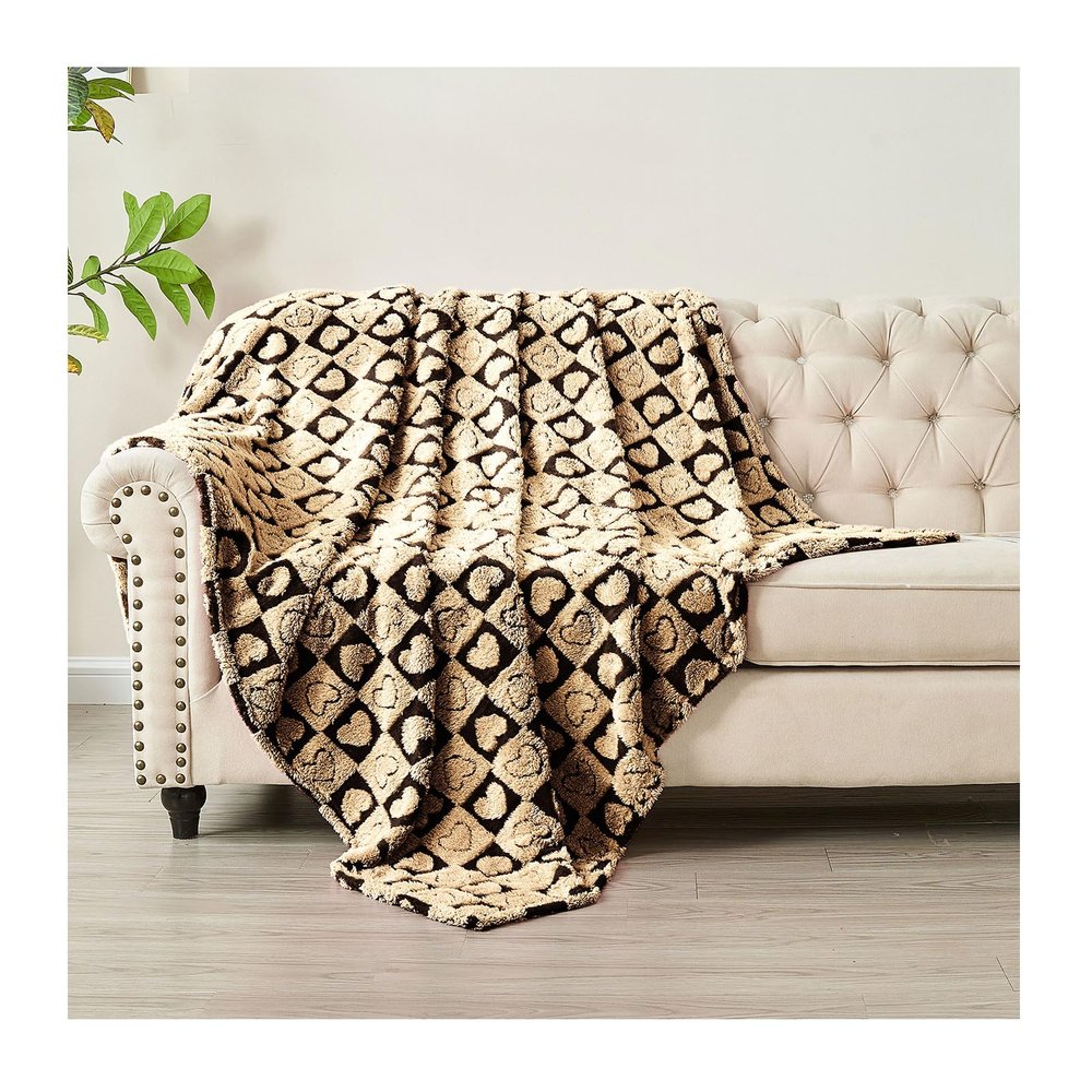 FY FIBER HOUSE Throw Blankets with Heart Checkered,Soft Warm Blankets for Lover Mom Father Friends Gifts,Washable Lightweight Fuzzy Blanket for Couch Sofa Bed All Season(Black Brown,90"x108")