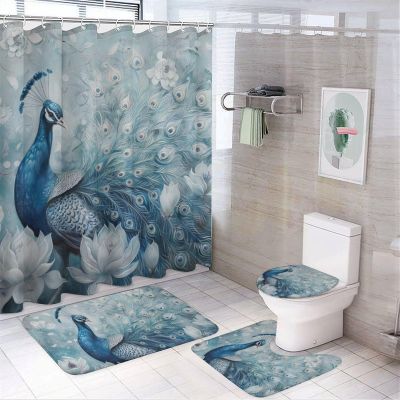 HDESDIS 4Pcs Cute Peacock Floral Shower Curtain Set with Rugs, Toilet Lid Cover and Bath Mat, Farmhouse Feather Fine Garden Bathroom Curtains Decor Shower Curtains, 72" x 72"