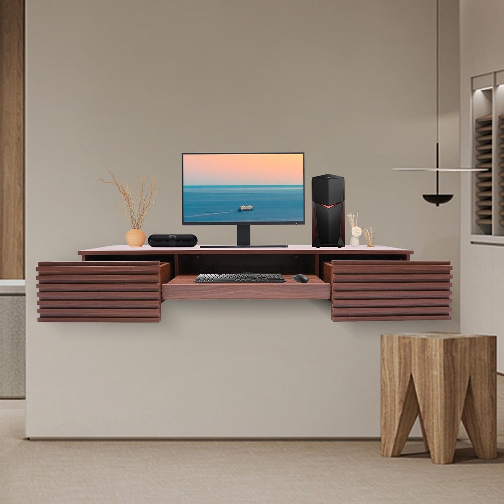 Floating Desk with Pull Out Drawer, Wall Mounted Desk Laptop Computer Writing Study Table, Multifunctional Computer Workstation, Wall Organizer for Bedroom Study Room Small Space, 60"W (Brown)
