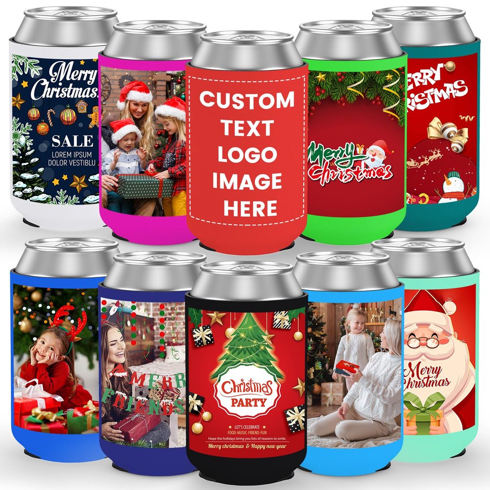1000 Pcs Custom Christmas Can Cooler Bulk Personalized Logo, Photo or Text Insulated Beer Drink Bottle Sleeves for Friendsgiving Thanksgiving Christmas Party Decorations Supplies Favors