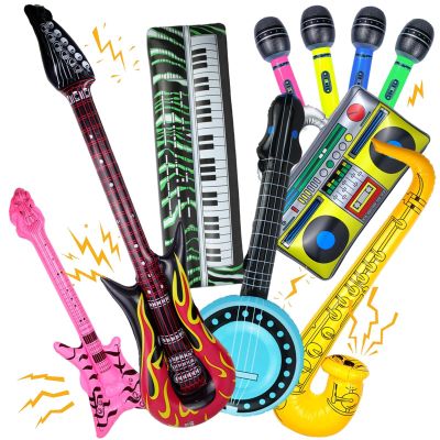10 Pieces Inflatable Instruments Party Props Set Photo Booth Props Inflatable Guitar Saxophone Bass Lute Microphone Recorder Piano Theme Party Rock Toys Decorated Vintage Period Party