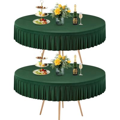 2 Pack Hunter Green Spandex Round Tablecloth for 60 inch Table, Stretchy Fitted 5FT Round Table Cloth with Skirt, Wrinkle Free for Wedding Party Dining Banquet