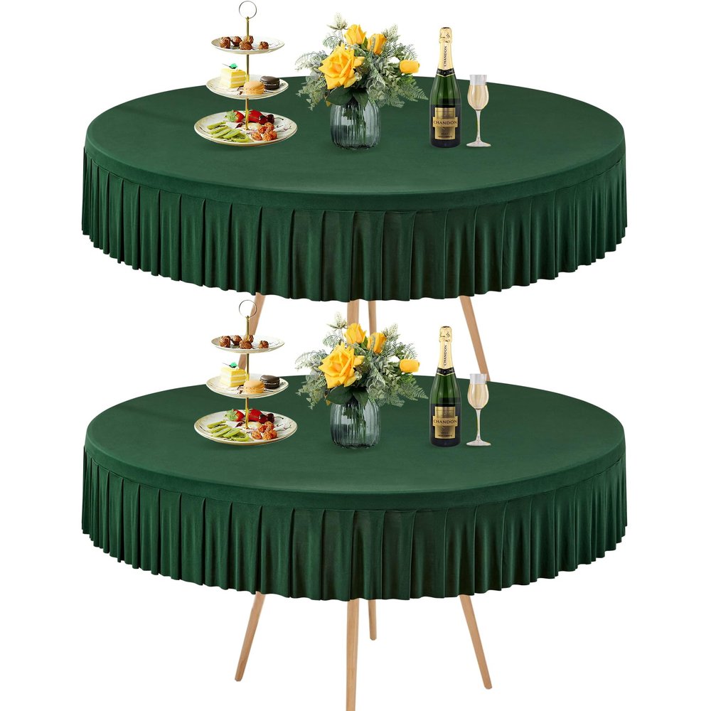 2 Pack Hunter Green Spandex Round Tablecloth for 60 inch Table, Stretchy Fitted 5FT Round Table Cloth with Skirt, Wrinkle Free for Wedding Party Dining Banquet
