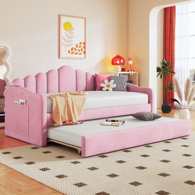 ACQCA Twin Size Upholstered Daybed with Trundle and Pockets,Velvet Day Bed Frame with USB Charging Ports and Channel Tufted Backrest,Wood Slats Support,No Box Spring Needed,Pink