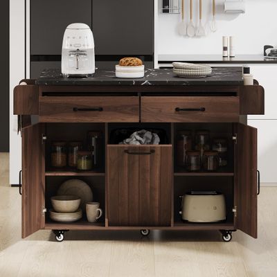 CKLMMC Farmhouse Kitchen Island with Trash Can Storage Cabinet, Kitchen Cart with Drop Leaf, Spice Rack, Towel Rack and Drawer, Rolling Kitchen Island on Wheels with Adjustable Shelf (Walnut Brown1)
