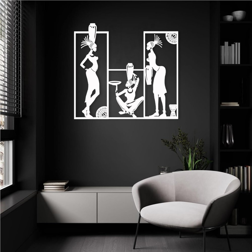 African Women Metal Wall Decor, African Art Wall Decor, Black Women Metal Wall Art, African American Metal Wall Art, Wall Decor for Living Room Bedromm, Metal Art Gifts (White, 24" x22"|60x55cm)