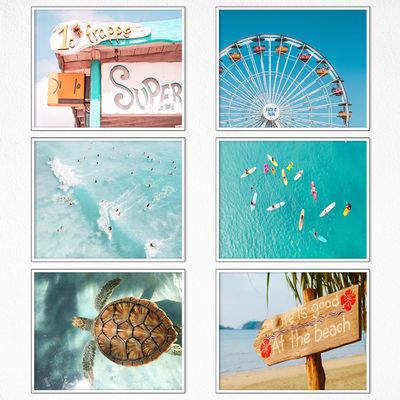 6 Pieces Beach Canvas Wall Art, Tropical Summer Coastal Posters, Colorful Beach Pictures Prints, Girly Nautical Surfs Up Sea Turtle Beach Vibe Art, California Beachy Sky Wheel Pictures 8x10in Unframed