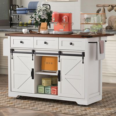 RUNNA Farmhouse Kitchen Island with Power Outlet, 2 Sliding Barn Door Kitchen Storage Island with Drop Leaf, Spice Rack Rolling Kitchen Cart on Wheels, for Home, Kitchen and Dining Room (White~47)