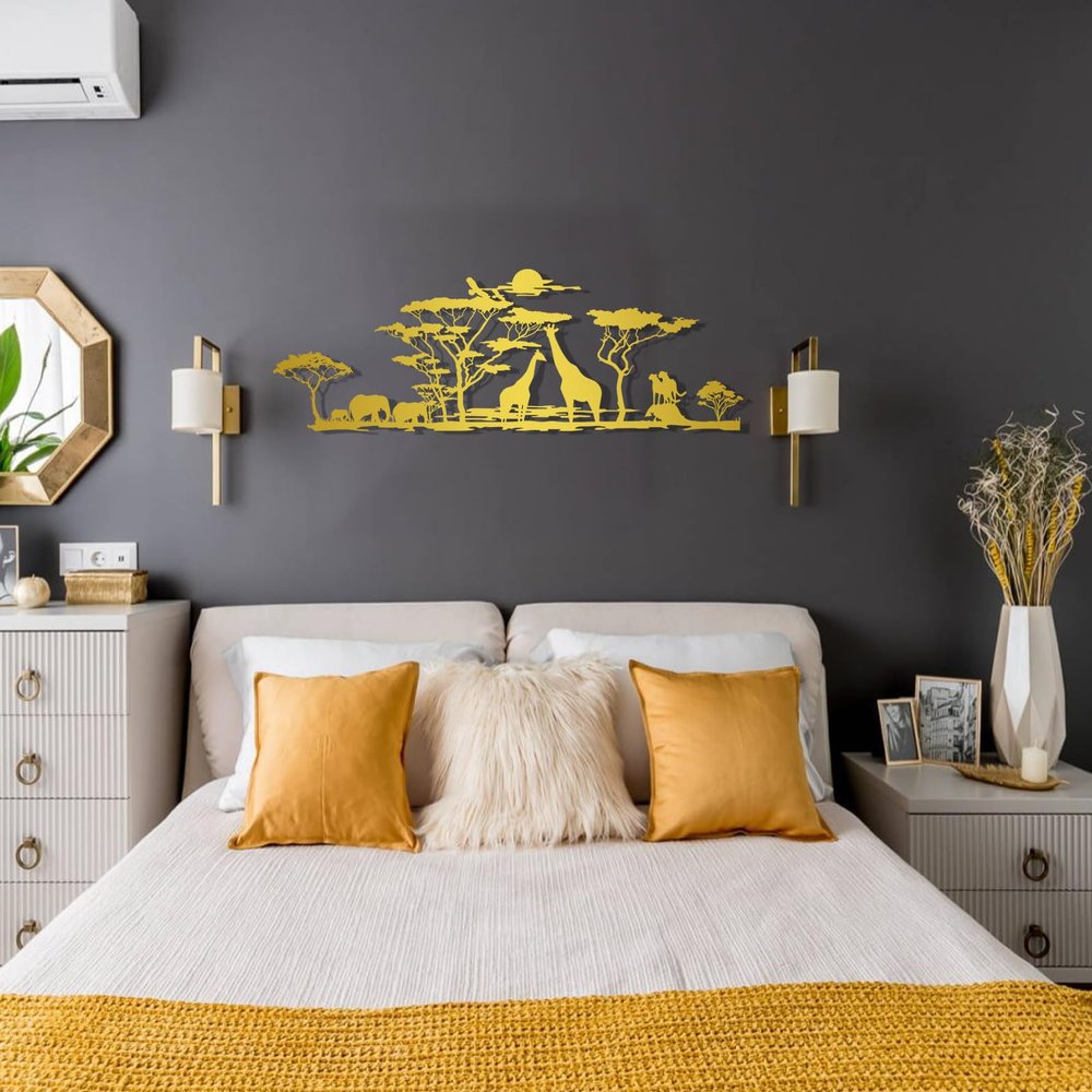 African Metal Wall Art, Metal Wall Decor, African Animals, Wall Hangings, Geometric Wall Art, Home Metal African Zoo Decor pcs for Living Room,Office,Bathroom (Gold, 19" x 7"/47x17cm)