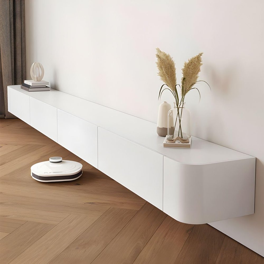 LAKIQ Modern Floating TV Media Stand with Drawers Wall Mounted Entertainment Center TV Console with Storage for Living Room Bedroom (Wood Top, White Color - 118" L x 8" W x 9.5" H)