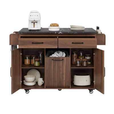 LUMISOL Kitchen Island with Trash Can Storage Cabinet, for 9 Gallon Folding Canvas Trash Bin, Kitchen Island on Wheels with Drop Leaf, Kitchen Cart with Spice Rack, Towel Rack & Drawers, Walnut Brown