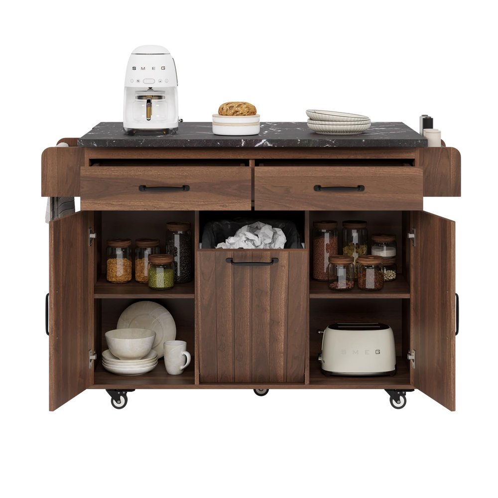 LUMISOL Kitchen Island with Trash Can Storage Cabinet, for 9 Gallon Folding Canvas Trash Bin, Kitchen Island on Wheels with Drop Leaf, Kitchen Cart with Spice Rack, Towel Rack & Drawers, Walnut Brown