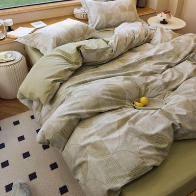 AOJIM Kids Adults Duvet Cover Set with Green Simple Lines Pattern, Soft Comfy 100% Cotton Comforter Cover Set 3pcs, 1 AB Sided Quilt Cover Full Size and 2 Matching Pillowcases for Room Decor, No Quilt