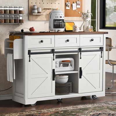 CKLMMC Farmhouse Kitchen Island with Power Outlet, 2 Sliding Barn Door and Drop Leaf, Spice Rack Rolling Kitchen Cart on Wheels for Home and Dining Room (White/P)