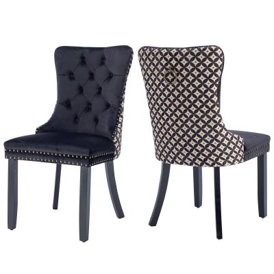 MZDOO Velvet Dining Chairs Set of 2, High-end Tufted Upholstered Dining Chair with Back Ring Pull, Nailhead Trim and Solid Wood Legs, Modern Dining Room Chairs for Dining Room, Black &Patterned