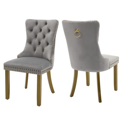 MZDOO Velvet Dining Chairs Set of 2, High-end Tufted Upholstered Dining Chair with Back Ring Pull, Nailhead Trim and Golden Solid Wood Legs, Modern Dining Room Chairs for Dining Room, Light Gray