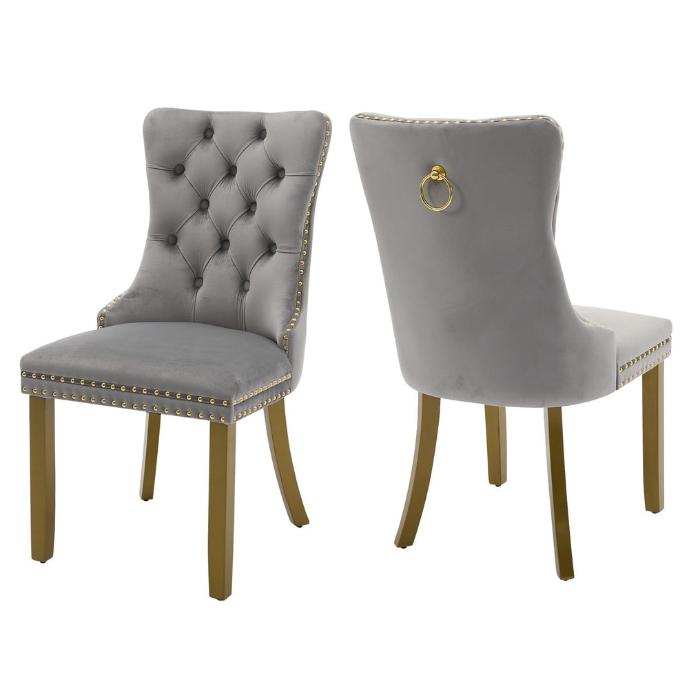 MZDOO Velvet Dining Chairs Set of 2, High-end Tufted Upholstered Dining Chair with Back Ring Pull, Nailhead Trim and Golden Solid Wood Legs, Modern Dining Room Chairs for Dining Room, Light Gray