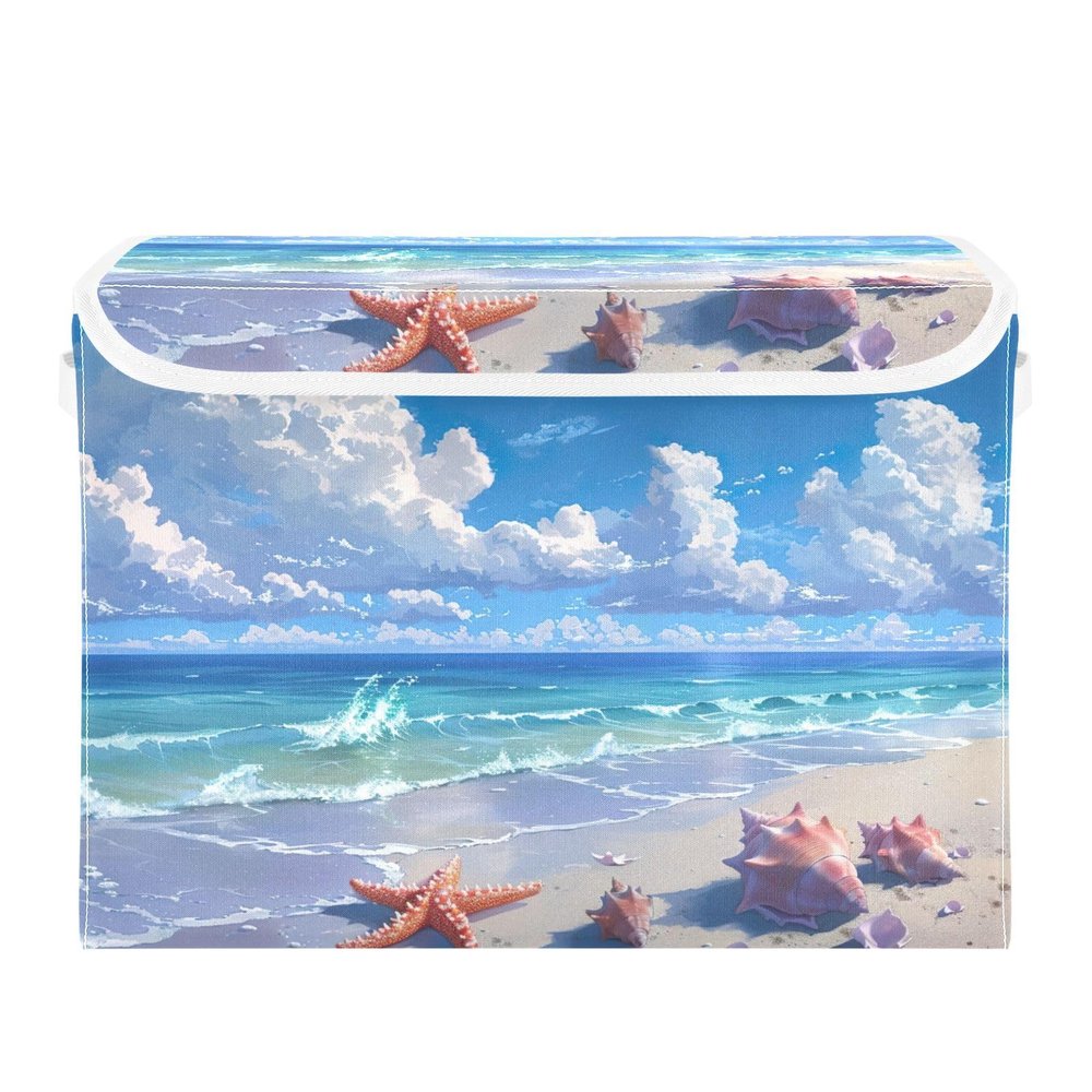 Kigai Beach Shells Foldable Storage Bin Cube Organizer Basket with Flip-Top Lid, Clothes Blanket Box for Home, Office, Closet