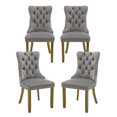 MZDOO Velvet Dining Chairs Set of 4, High-end Tufted Upholstered Dining Chair with Back Ring Pull, Nailhead Trim and Golden Solid Wood Legs, Modern Dining Room Chairs for Dining Room, Light Gray
