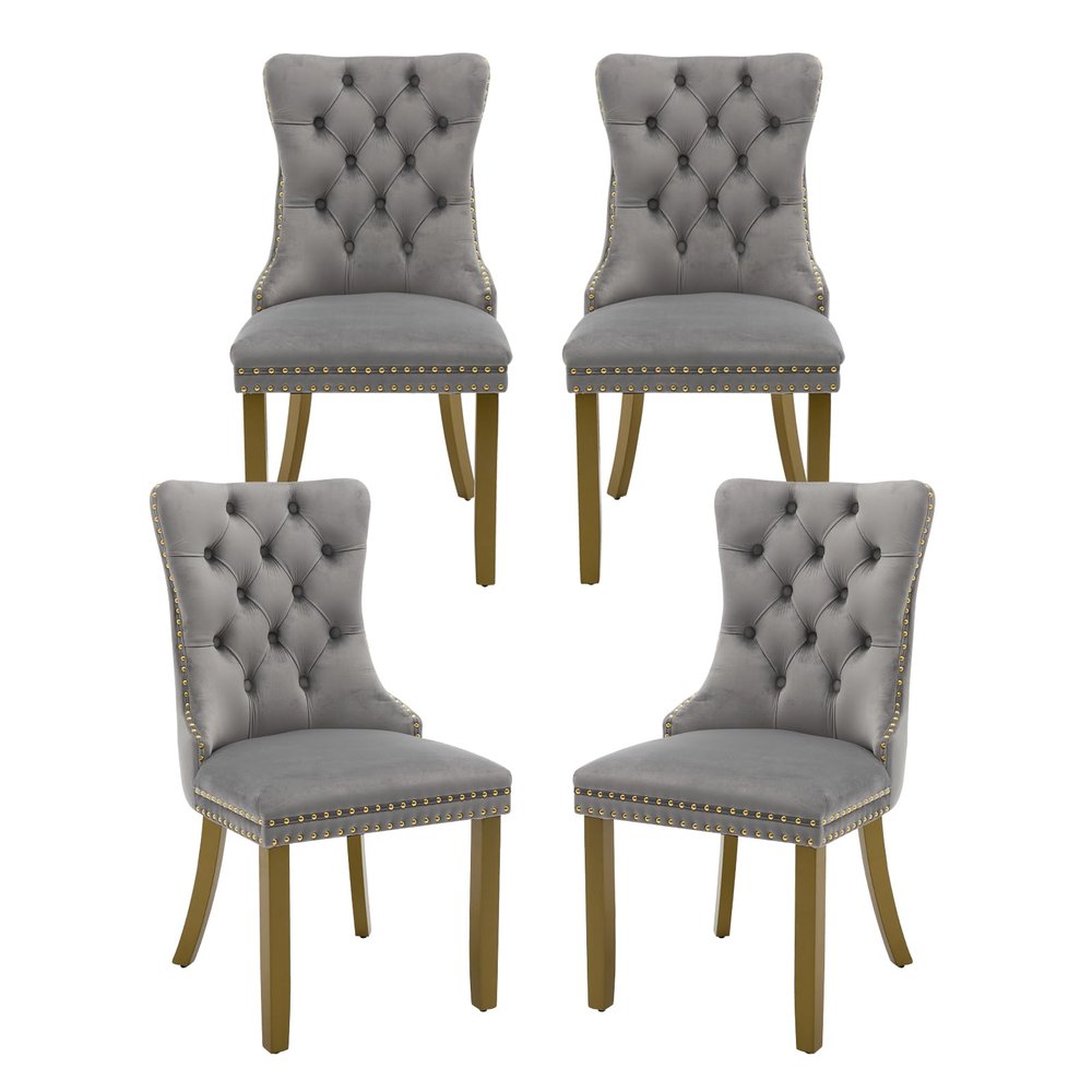 MZDOO Velvet Dining Chairs Set of 4, High-end Tufted Upholstered Dining Chair with Back Ring Pull, Nailhead Trim and Golden Solid Wood Legs, Modern Dining Room Chairs for Dining Room, Light Gray