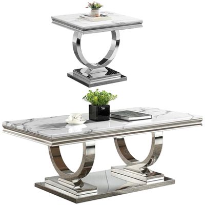 Goderfuu 2 Piece Living Room Table Set, Faux Marble Coffee Table and Silver End Table, Rectangular Luxury White and Silver Coffee Table Set of 2 with Stainless Steel Legs for Apartment Bedroom