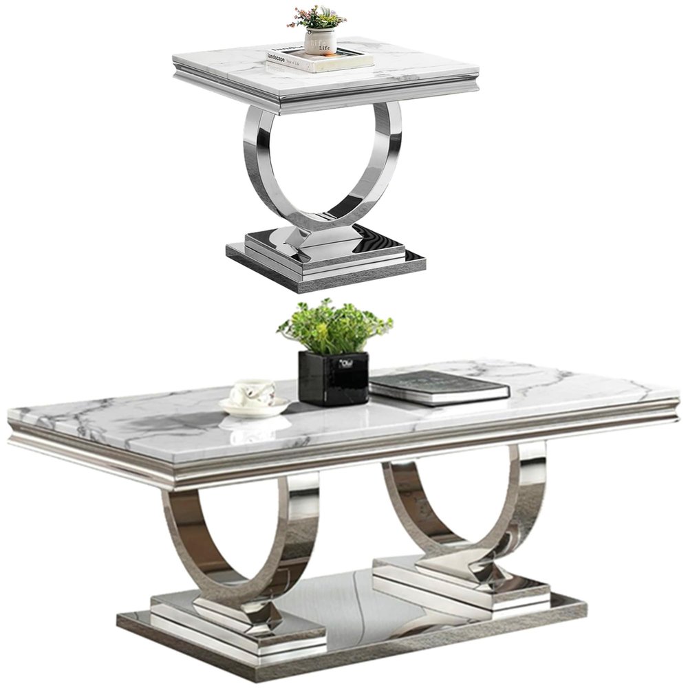 Goderfuu 2 Piece Living Room Table Set, Faux Marble Coffee Table and Silver End Table, Rectangular Luxury White and Silver Coffee Table Set of 2 with Stainless Steel Legs for Apartment Bedroom