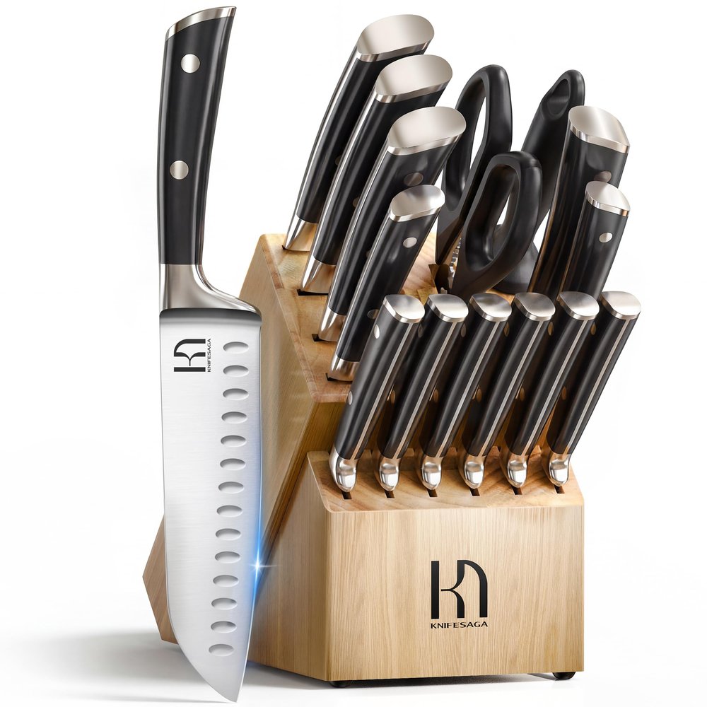 KnifeSaga Knife Set with Block, Japanese 15 PCS Ultra Sharp Ktichen Knives Set, High Carbon Stainless Steel Knife Block Set with Sharpener, Professional Knives with Ergonomic Handle, Valentines Gift