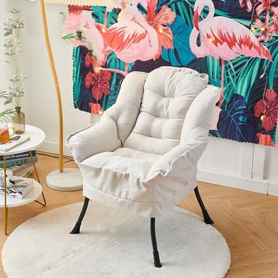 Living Room Lazy Chair with Ottoman & Armrest, Modern Comfy Folding Lounge Chair Reclining Sofa Leisure Chair Armchair with Footstool for Bedroom/Office/Hosting White-A1
