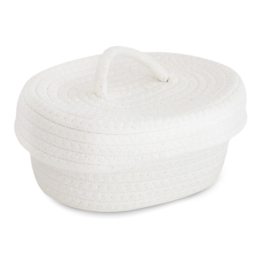Basket with Lid for Organizing, Storage Basket with Lid Handmade Cotton Rope Small Cotton Rope Woven Cute Basket for Makeup Sundries Snack Needles Home Decor Bedside Bathroom Living Room (Milky White)
