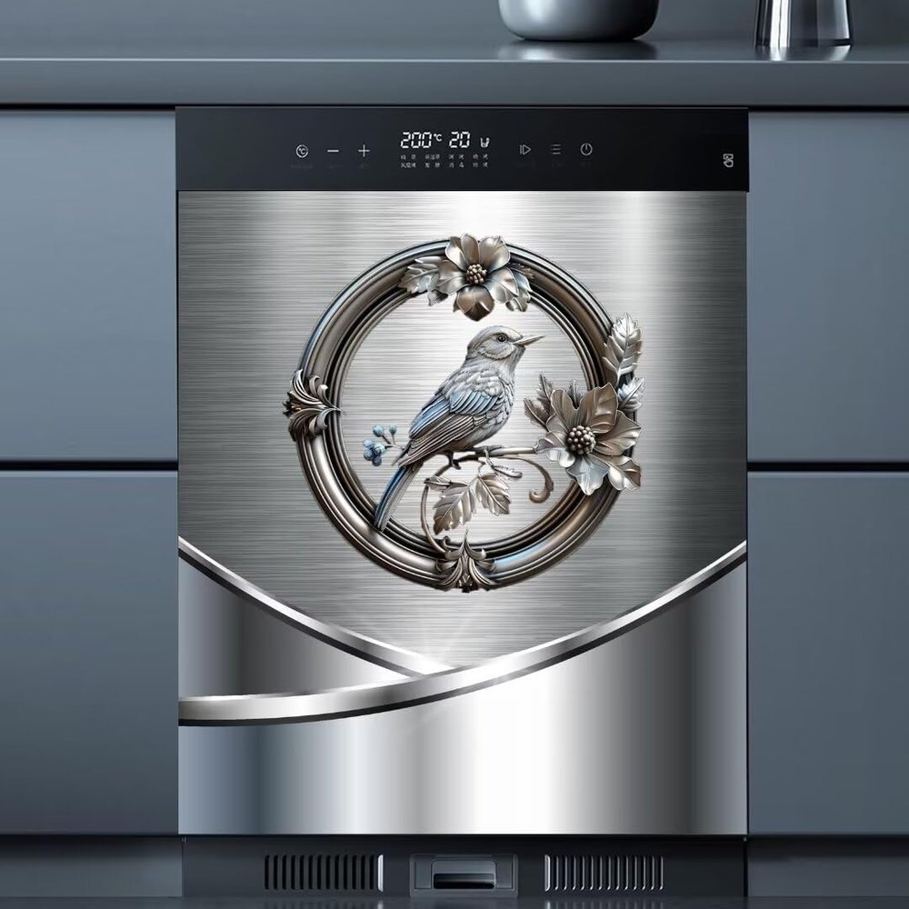 MLGB Wreath Bird Kitchen Decoration Stainless Steel Dishwasher Magnet Cover, Metal Dishwasher Sticker Magnetic Stainless Steel Wreath Bird Refrigerator Door Skin Cover (23" x 26" Magnetic)