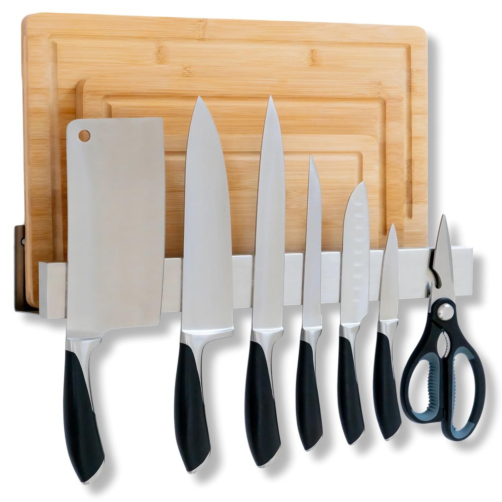 Demi's Home Knife Magnetic Strip & Cutting Board Holder for Wall or Fridge - 16 inch - (Supplies Not Included) - Magnetic Cutting Board & Knife Holder for Fridge or Wall