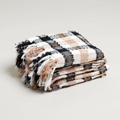 Boucle Home White Light Brown and Black Throw Blanket | Large 55 X 67 Inches + 3.5" Tassels | Cotton Couch, Sofa, and Bed Blanket | Interior Home Decor Design | Decorative Living Room Blanket