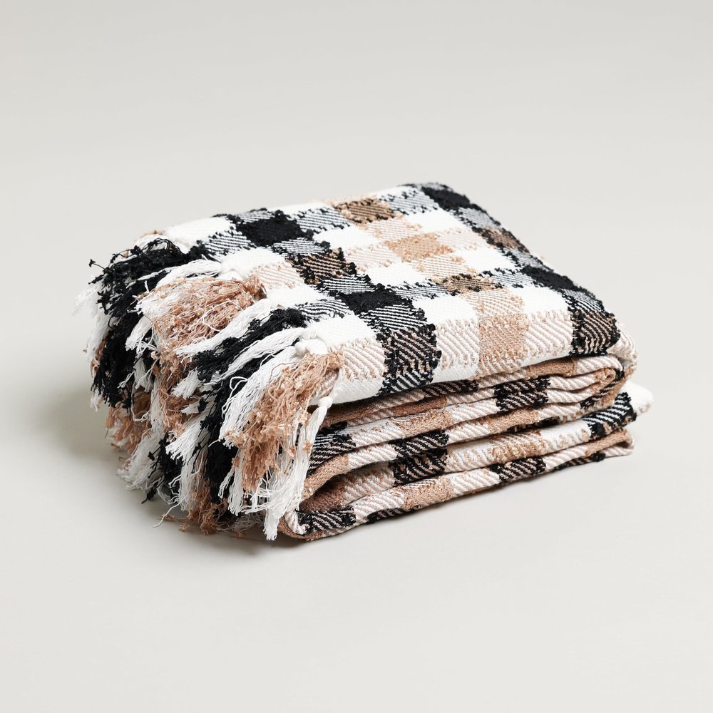 Boucle Home White Light Brown and Black Throw Blanket | Large 55 X 67 Inches + 3.5" Tassels | Cotton Couch, Sofa, and Bed Blanket | Interior Home Decor Design | Decorative Living Room Blanket