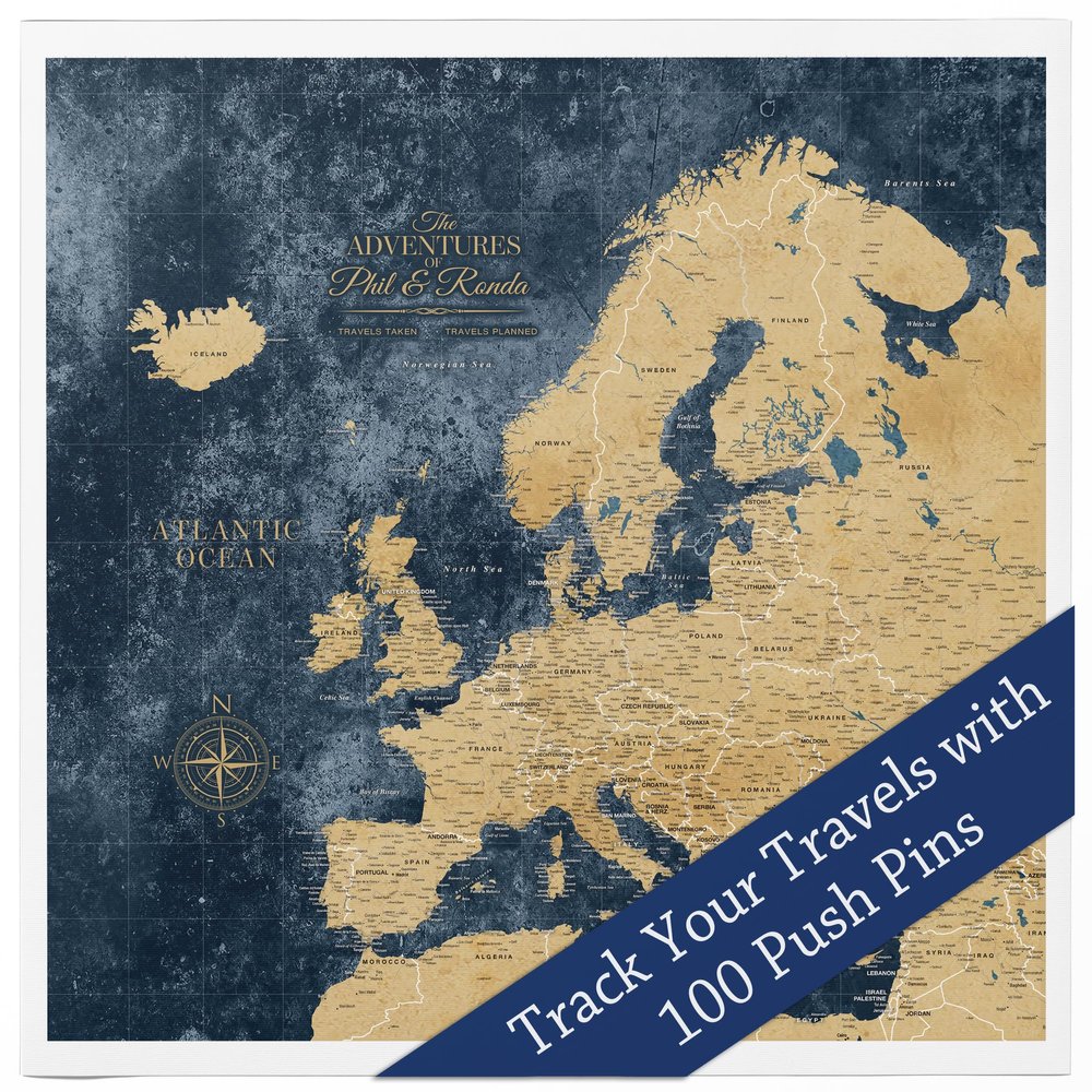 HolyCowCanvas Personalized Gold & Navy Textured Europe Map on Canvas, Travel Map with Pins to Mark Travels, European Pin Board, Maps for Wall Push Pin, Gift for Travelers (48"x48", Rolled)