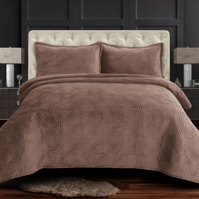 Tribeca Living Oversized Velvet Quilt Set King - Buttery Soft 260GSM Velvet Bedding for Luxurious Comfort - Double-Sided Capri Medallion Quilted Design in Rich Taupe